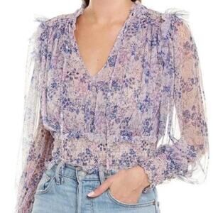 Free People Fairycore Twyla Smocked Floral Mesh Blouse, Size XS